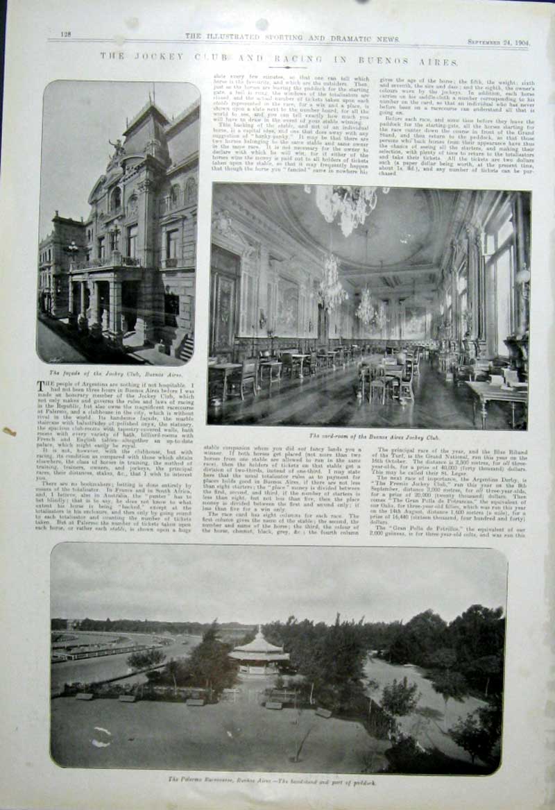 Original Old Antique Print Jockey Club Buenos Aires & Palermo Racecourse 190
