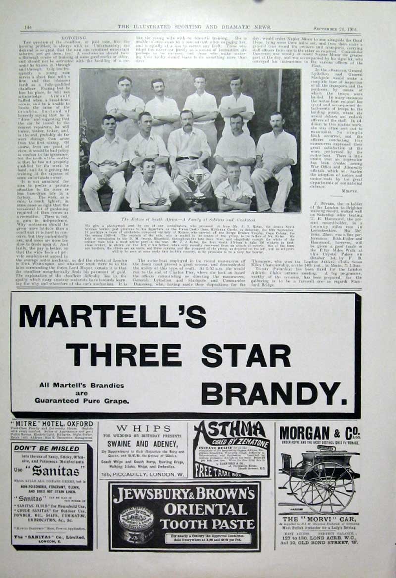 Original Old Antique Print Family Cricket Team The Kotzes S Africa 1904 20th