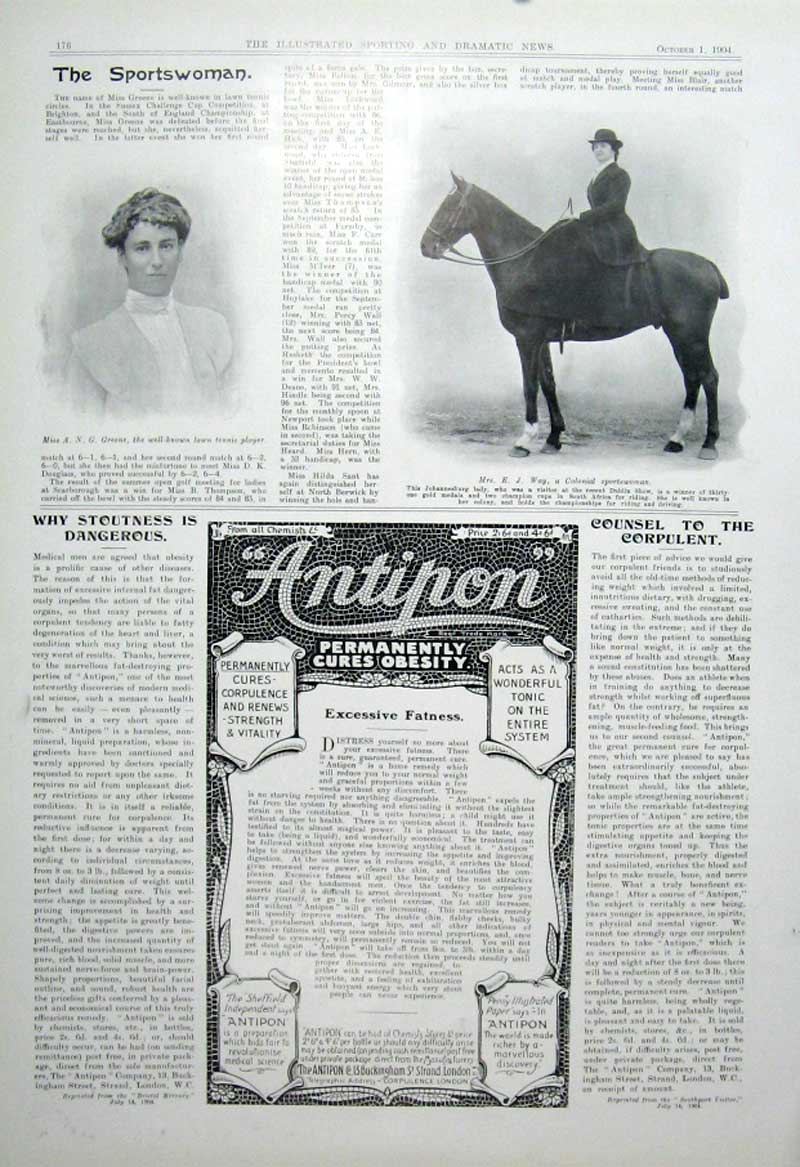 Original Old Antique Print Miss Greene Tennis Player 1904 Mrs Way Horsewoman