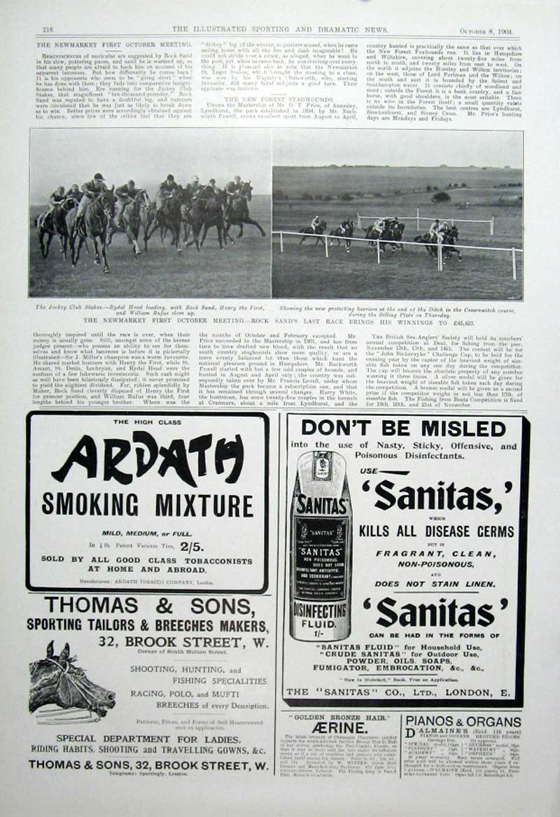 Antique Old Print Rock Sands Last Racetotal Winnings ?ê?È45623 1904 Newmarke