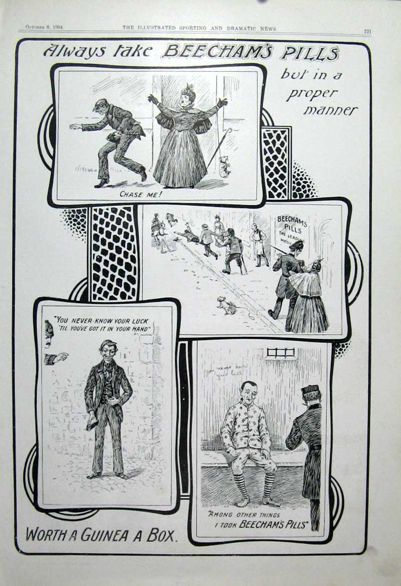 Old Antique Print Bag Snatcher Takes Purse With Beecham Pills 1904 Advert 20th