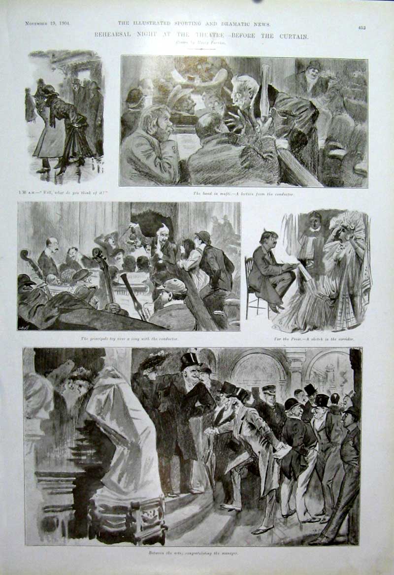Original Old Antique Print Before The Curtain 1904 Rehearsal Theatre 20th
