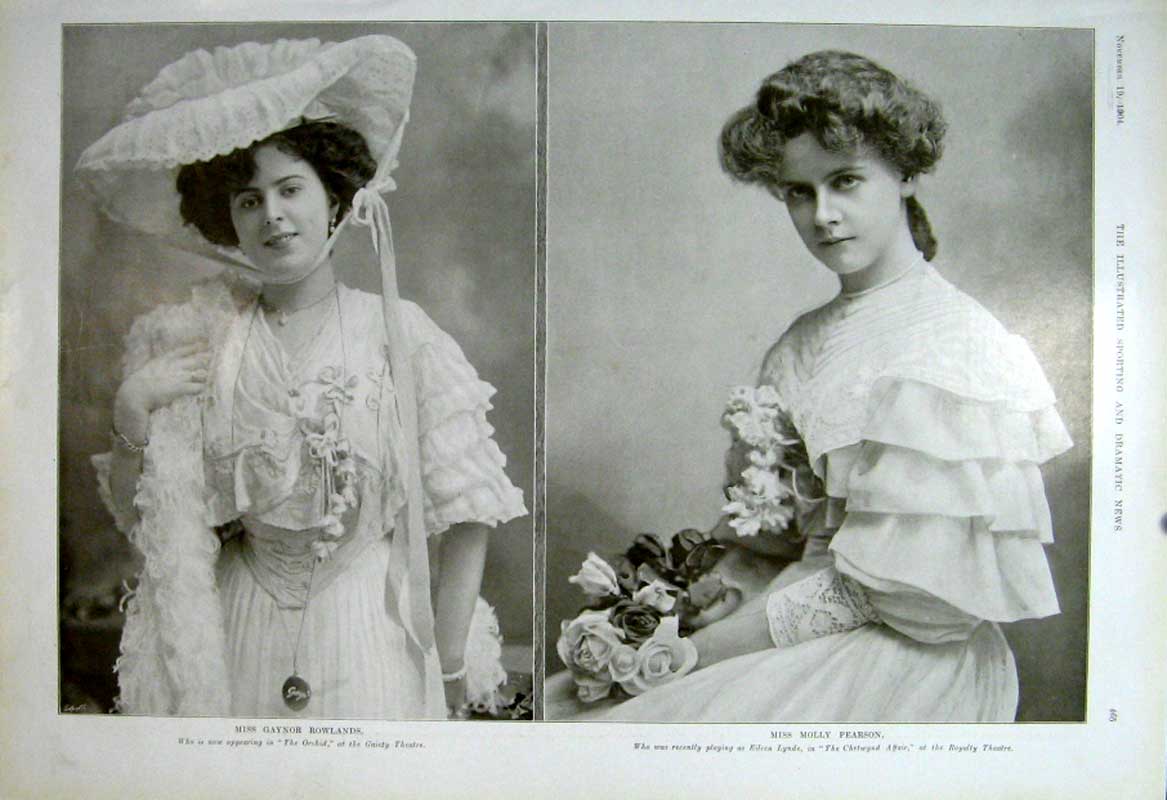 Original Old Antique Print Gaynor Rowlands Molly Pearson London Actress Theatre
