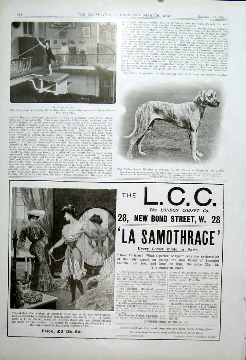 Original Old Antique Print Amy Daly Diving Bath Club 1904 Great Dane 20th