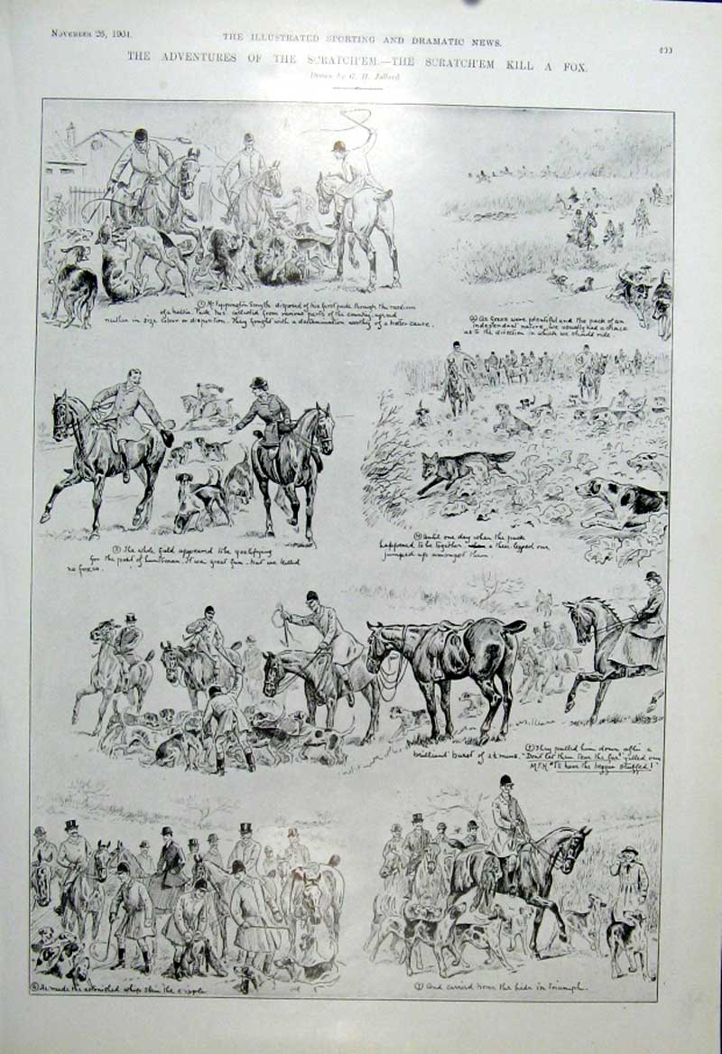 Original Old Antique Print The Scratch'Em Kill A Fox 1904 Cartoon 20th Century