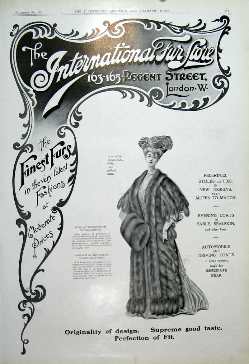 Original Old Antique Print International Fur Store Regent Street London 1904