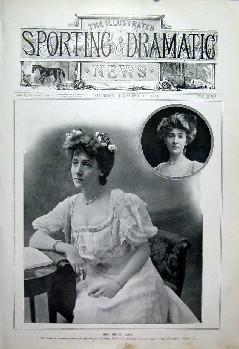 Original Old Antique Print Miss Grace Lane London Actress 1904 Theatre 20th