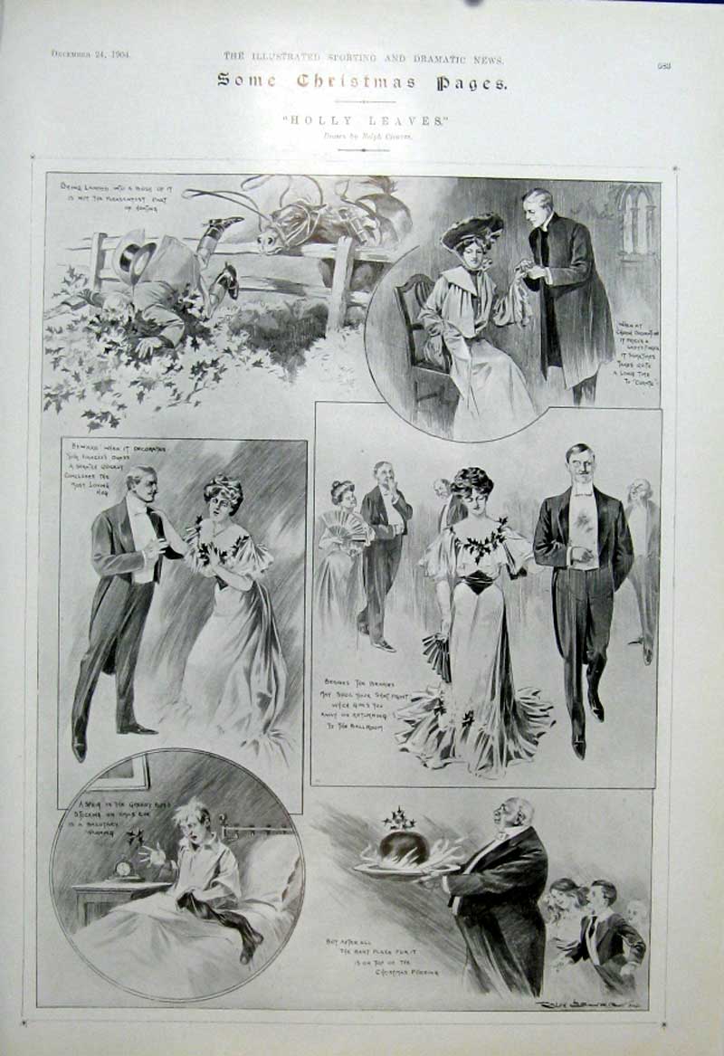 Original Old Antique Print Holly Leaves 1904 Christmas Fun 20th Century