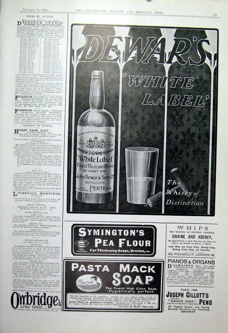 Original Old Antique Print Dewars White Label Whisky Distinction 1904 Advert