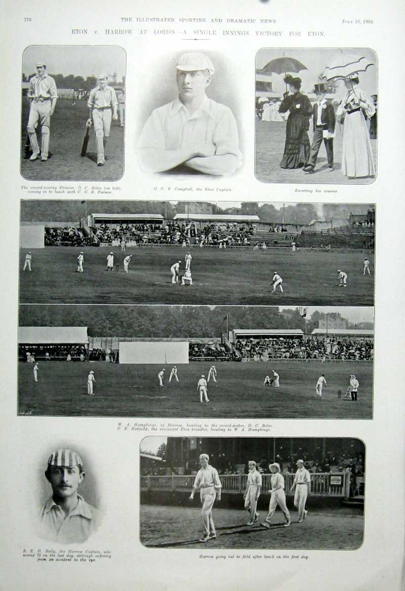 Original Old Antique Print Cricket Eton V Harow Lords 1904 Single Inning Victory