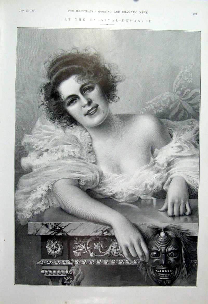 Original Old Antique Print A Beauty Unmasked At The Carnival 1904 20th Century