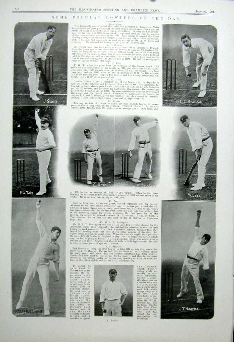 Original Old Antique Print CricketPopular Bowlers 1904