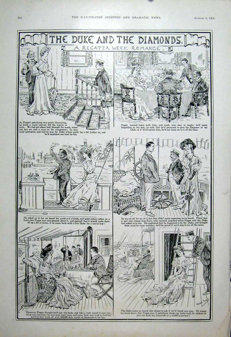 Original Old Antique Print Duke & The Diamonds 1904 Romance Cartoon 20th Century