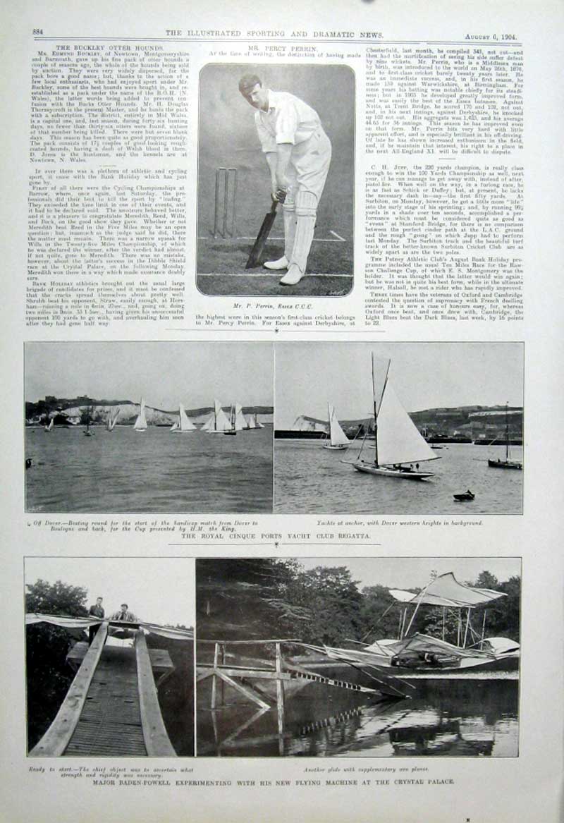 Original Old Antique Print Perrin Essex Chricket 1904 Baden Powel Flying Machine