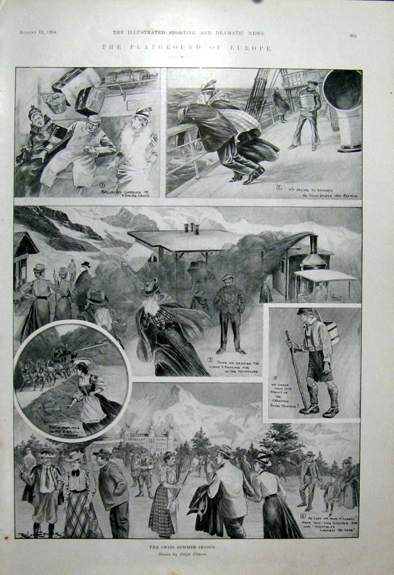 Original Old Antique Print Playground Europe 1904 Swiss Summer Season 20th