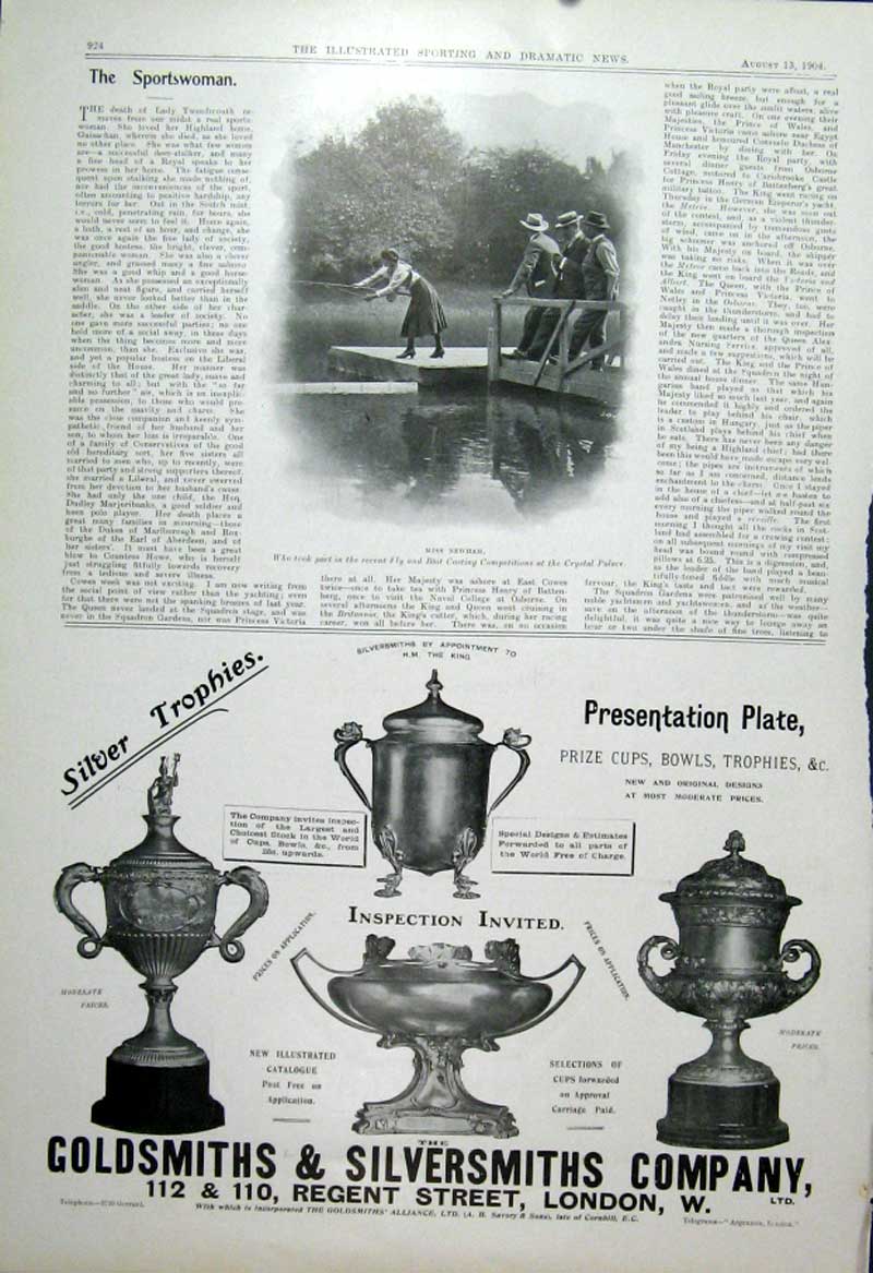Original Old Antique Print Miss Newham At Fly Casting Competition 1904 20th