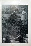 Original Old Antique Print Terrible Adventure Cows & Parasol Fine Art 1904 20th