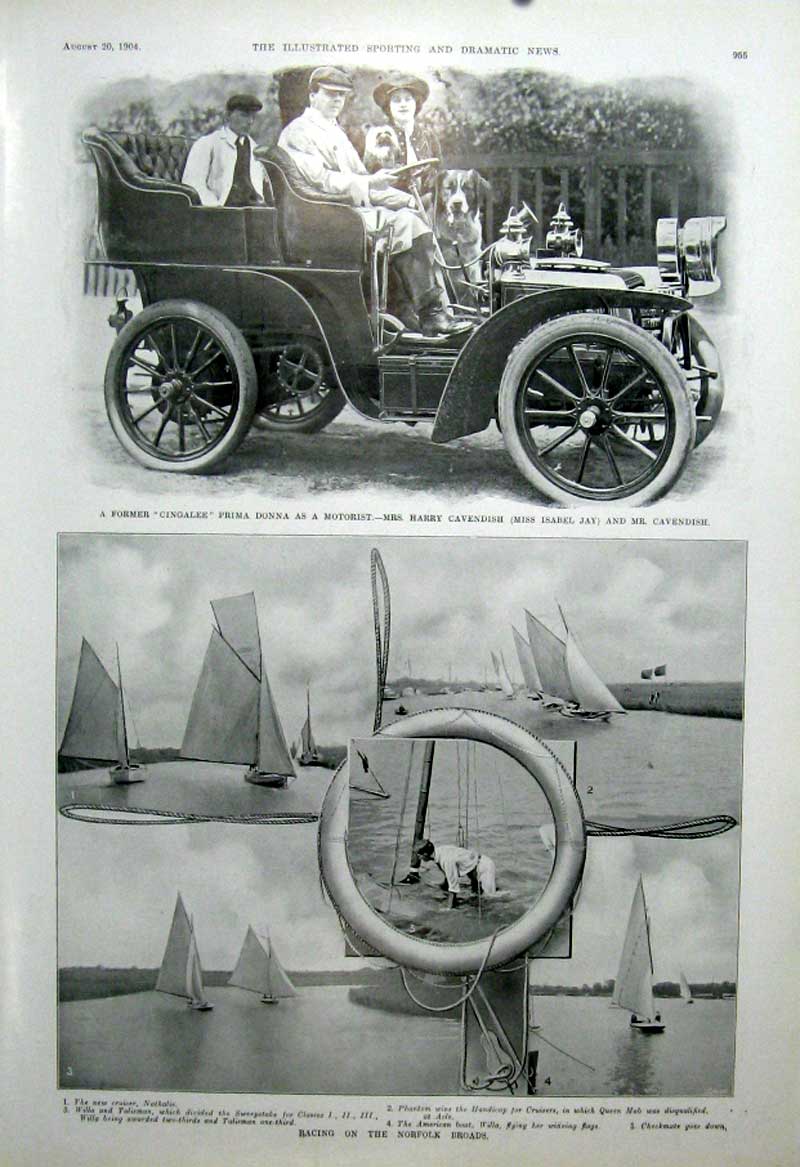 Original Old Antique Print Isabel Jay Prima Donna As Motorist Racing Norfolk 190