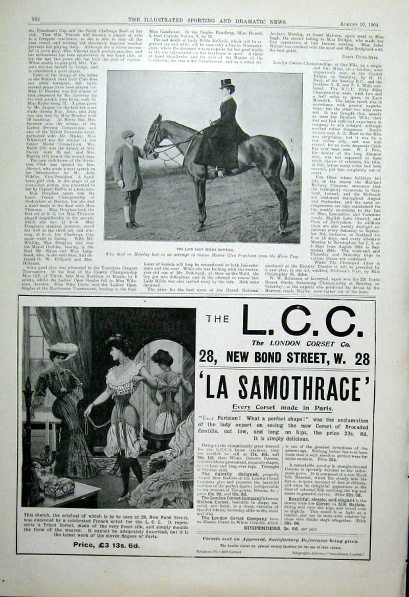 Original Old Antique Print Lady Hulda Mcneil 1904 Sportswoman Horsewoman 20th