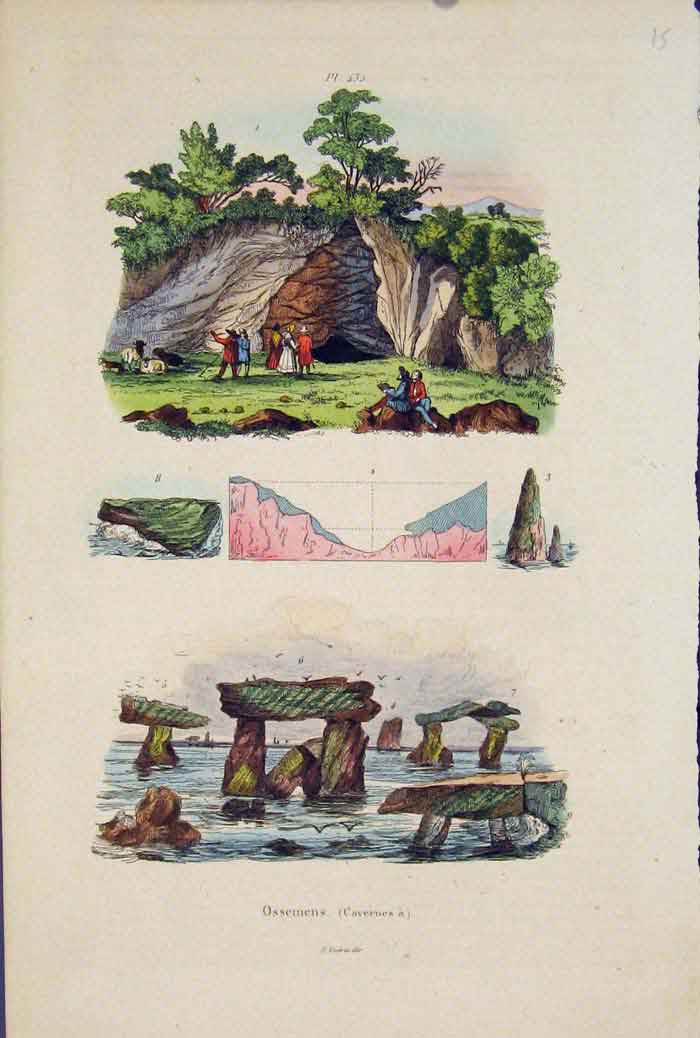 Original Old Antique Print Rock Formation People Water Fine Art