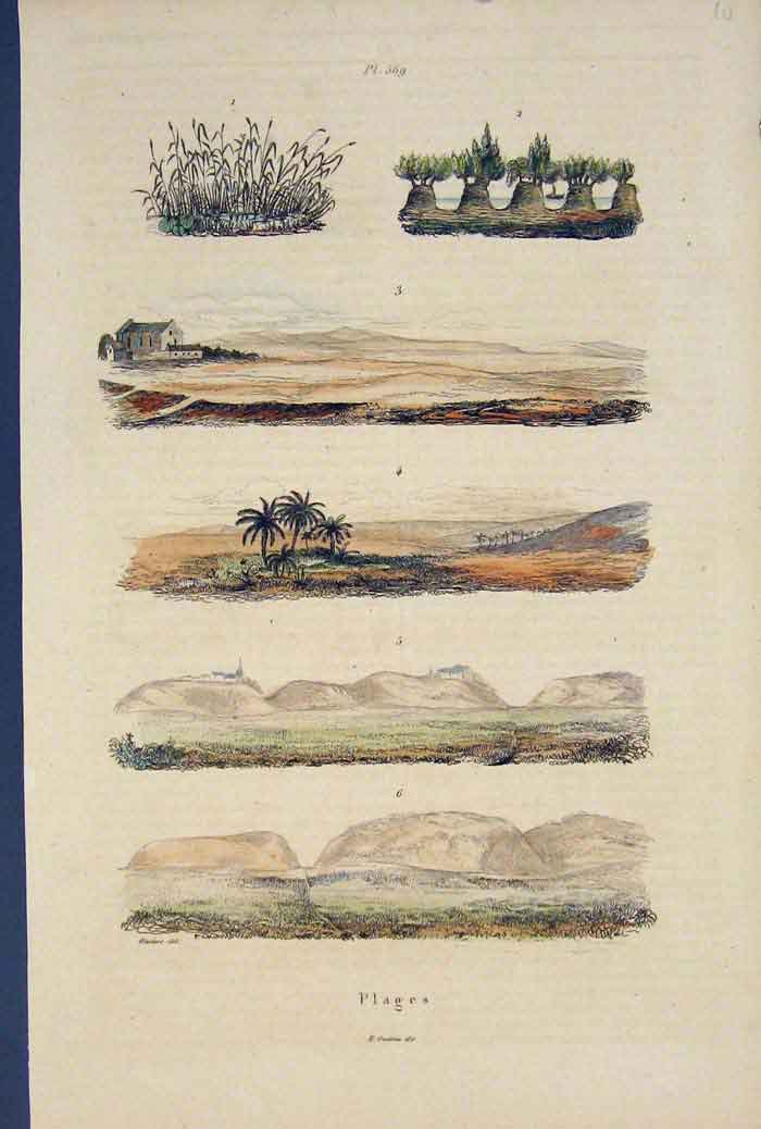 Original Old Antique Print Plages Mountain Valley Fine Art C1839 19th