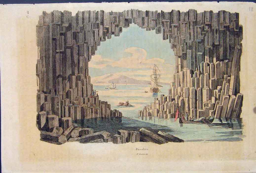 Original Old Antique Print Basaltes Ship Boat Cave Ships Boats Ocean