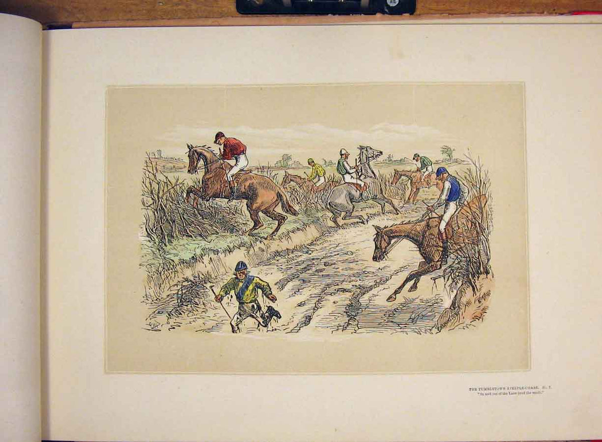 Original Old Antique Print Steeple Chase Fine Art Hand Colored Sketch Tumbletown