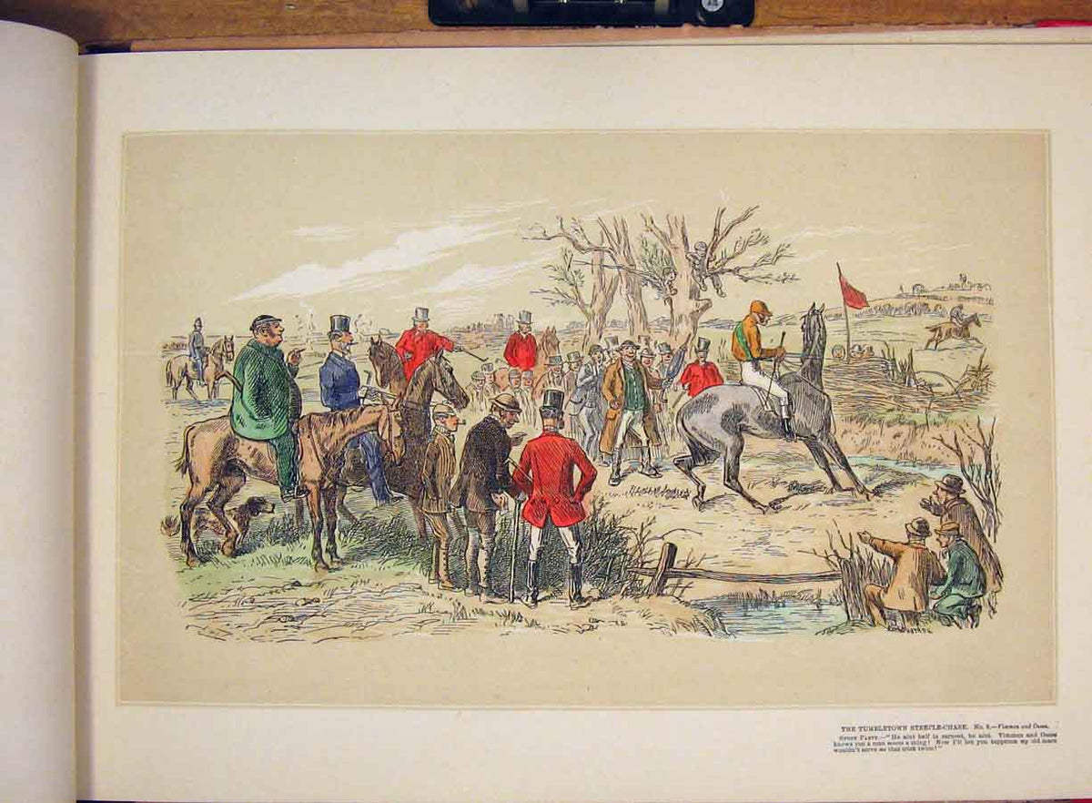 Original Old Antique Print Sketch Hand Colored Tumbletown Steeple Chase Fine Art