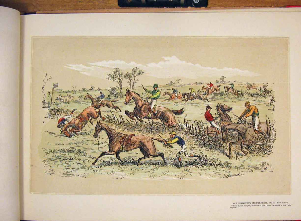 Old Antique Print Tumbletown Hand Colored Drawing Steeple Chase Fine Art