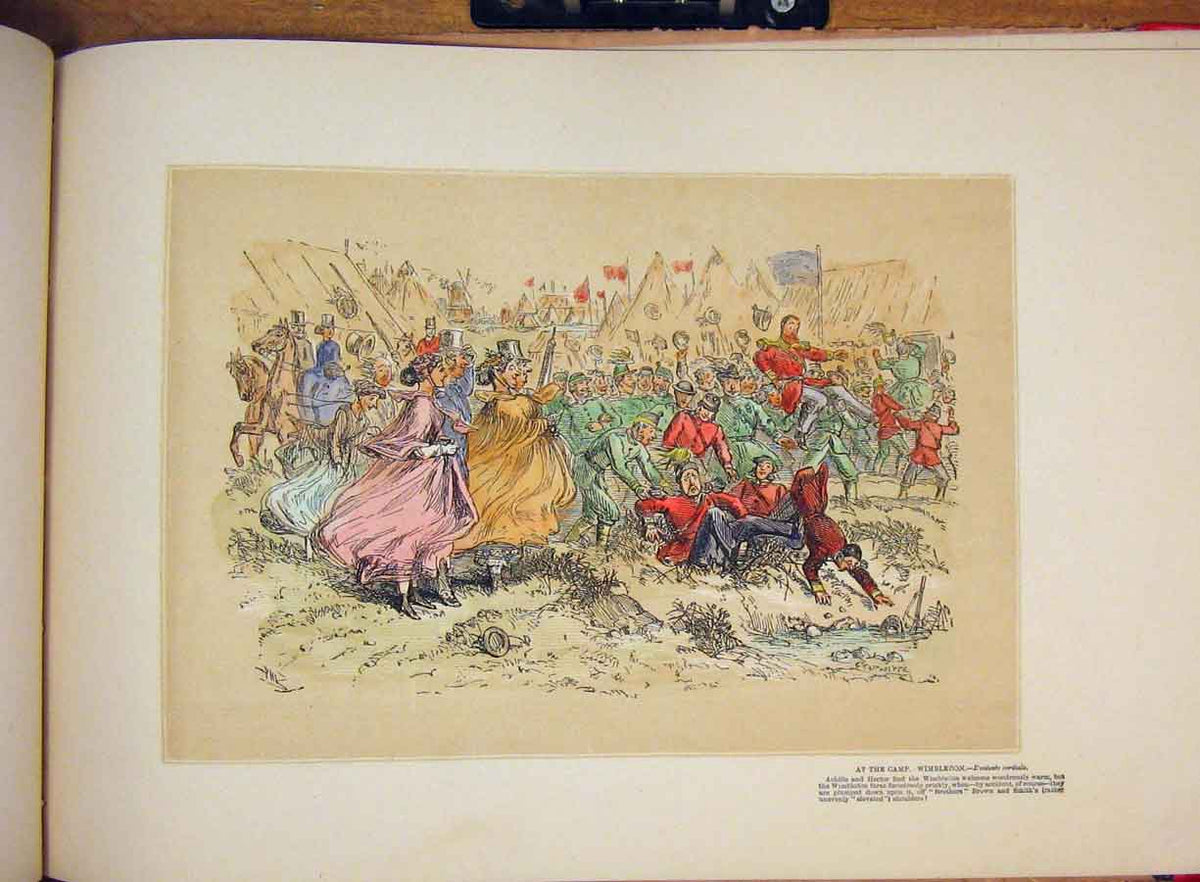 Original Old Antique Print Wimbledon Hand Colored Drawing Men Woman People Art