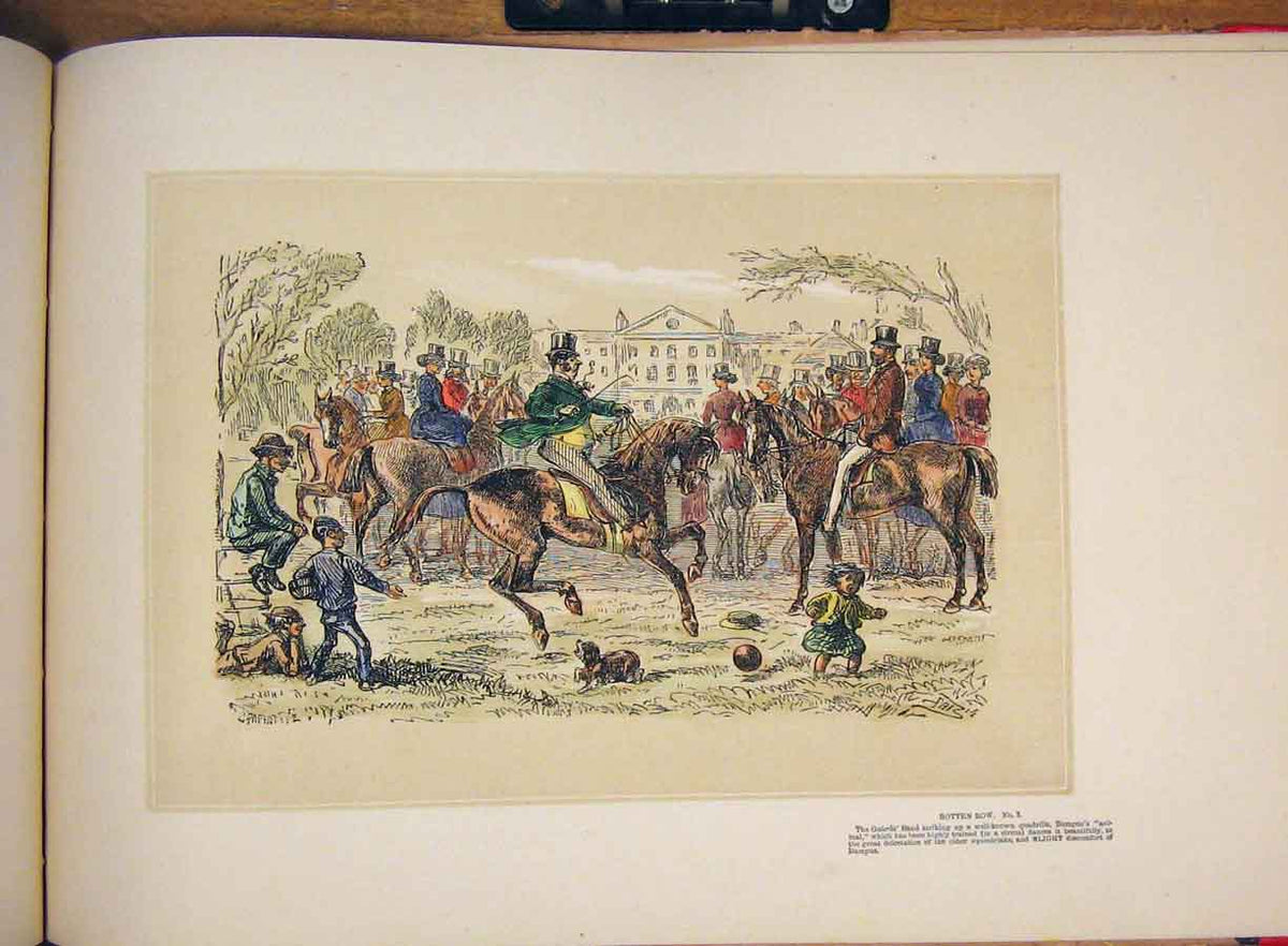 Original Old Antique Print Horse People Games Family Children Park Hand Colored