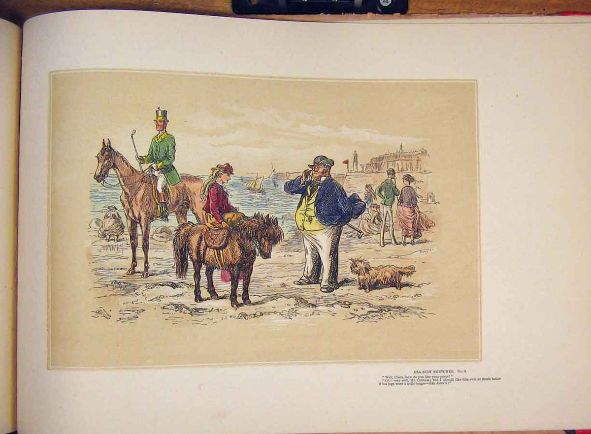 Old Antique Print Sketch Hand Colored Drawing Sea Side Donkey Hores Lady