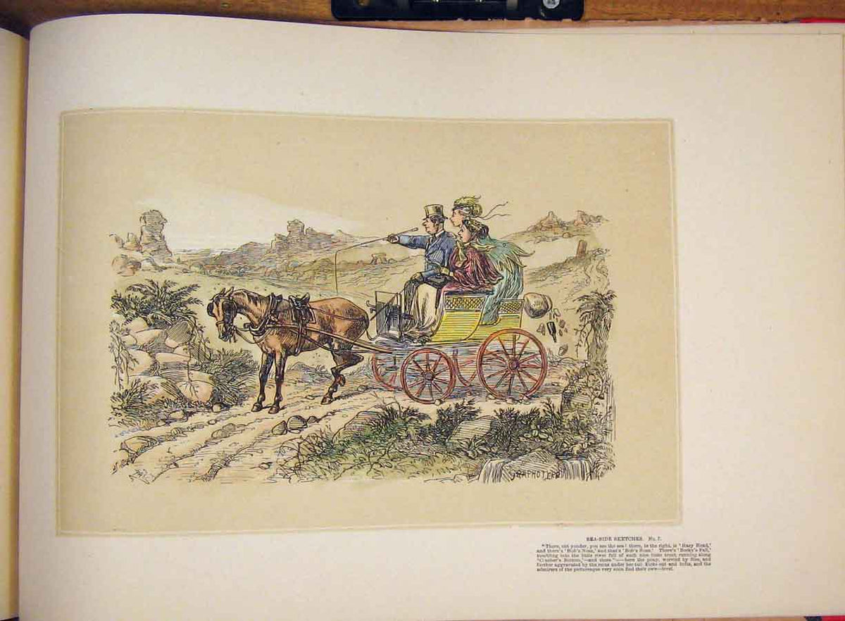 Old Antique Print Town City Metting Horse Carriage Donkey Colored Drawing