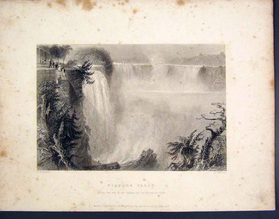 Original Old Antique Print Niagara Falls American Side C1839 Art 19th