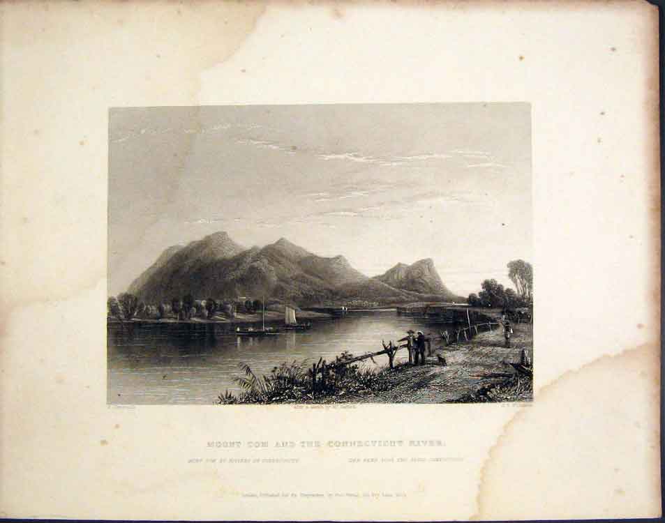 Original Old Antique Print Mount Tom And The Connecticut River America