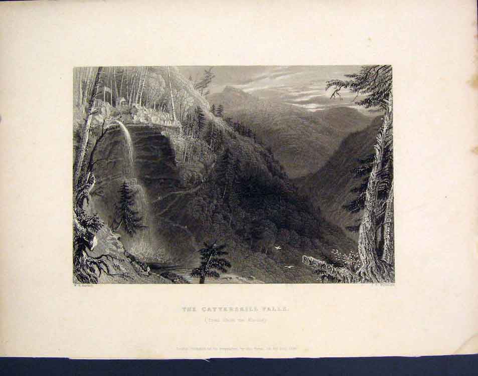 Original Old Antique Print The Catterskill Falls America C1839 Art Victorian