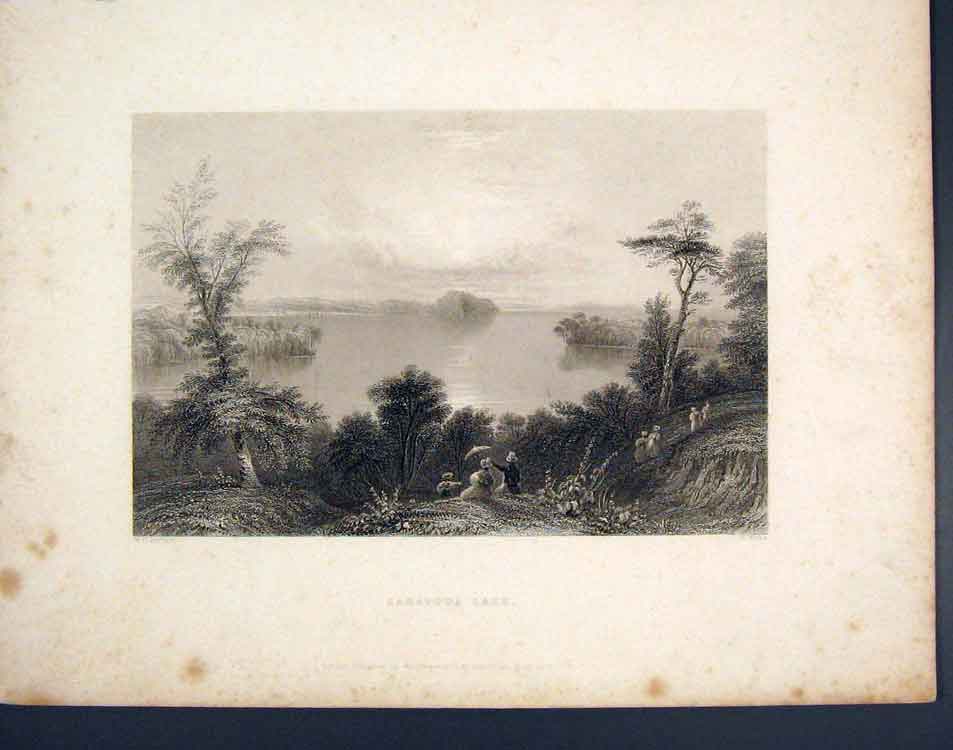 Original Old Antique Print Saratoga Lake America C1839 Fine Art 19th