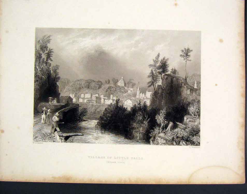 Original Old Antique Print Village Little Falls Mohawk River 1839 19th