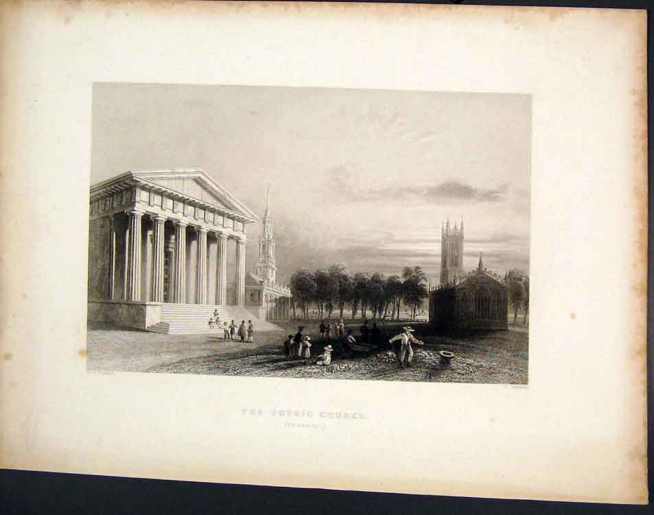 Original Old Antique Print Gothis Church Newhaven America C1839 19th