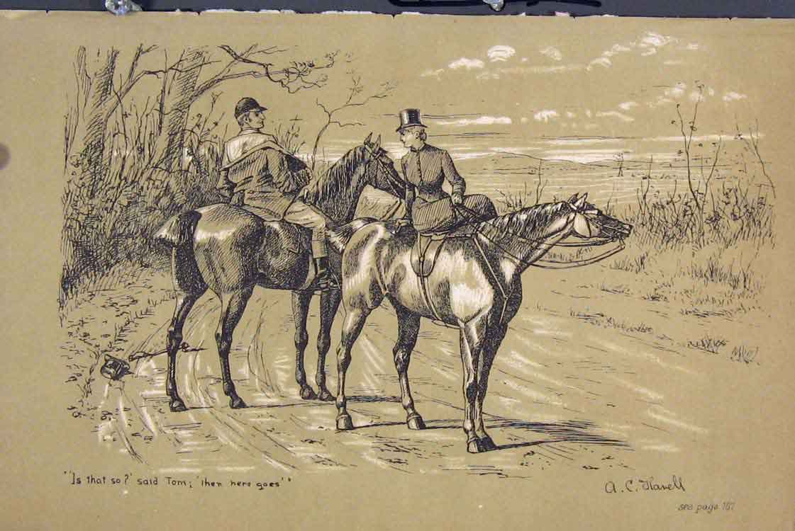 Original Old Antique Print Horses Country Lane C1881 Man Woman Romance Victorian