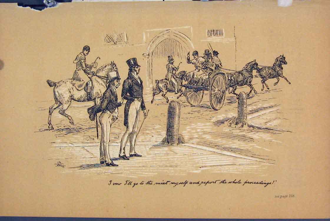 Original Old Antique Print Street Scene C1881 Horse Cart Men Watching Victorian