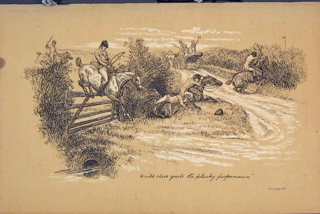 Original Old Antique Print C1881 Horses Jumping Gate Falling Country Lane 19th