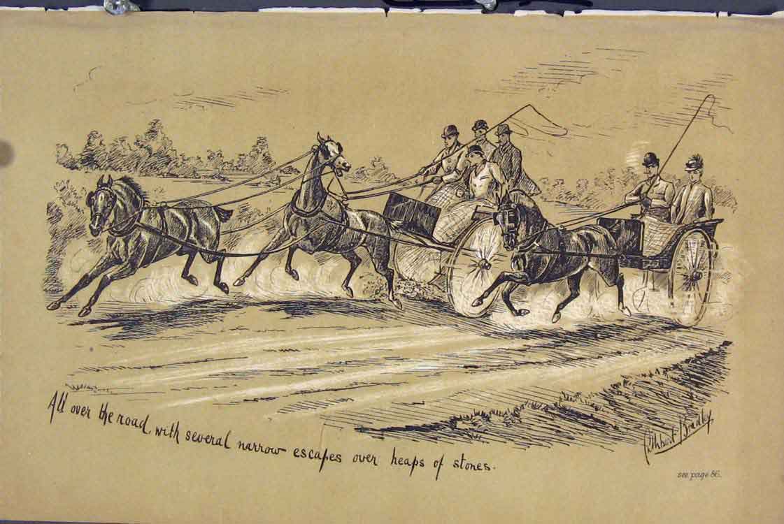 Original Old Antique Print Horses Coach C1881 Bumpy Road Country Lane Victorian