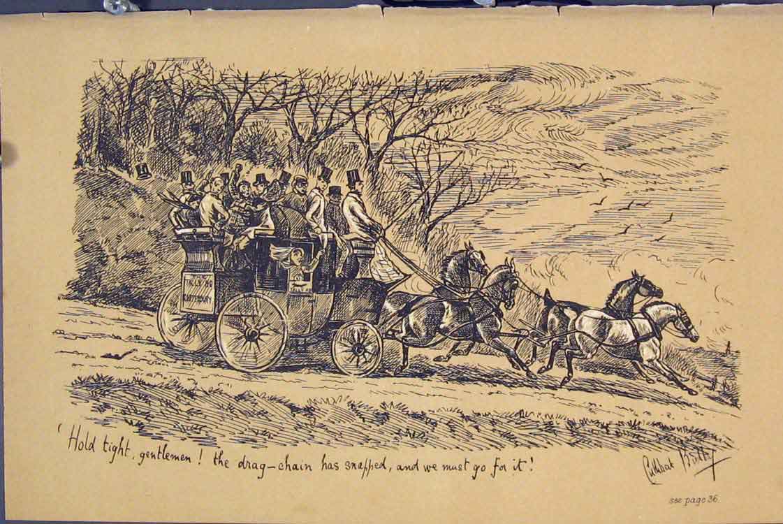Original Old Antique Print C1881 Horses Coach Men Running Down Hill Victorian