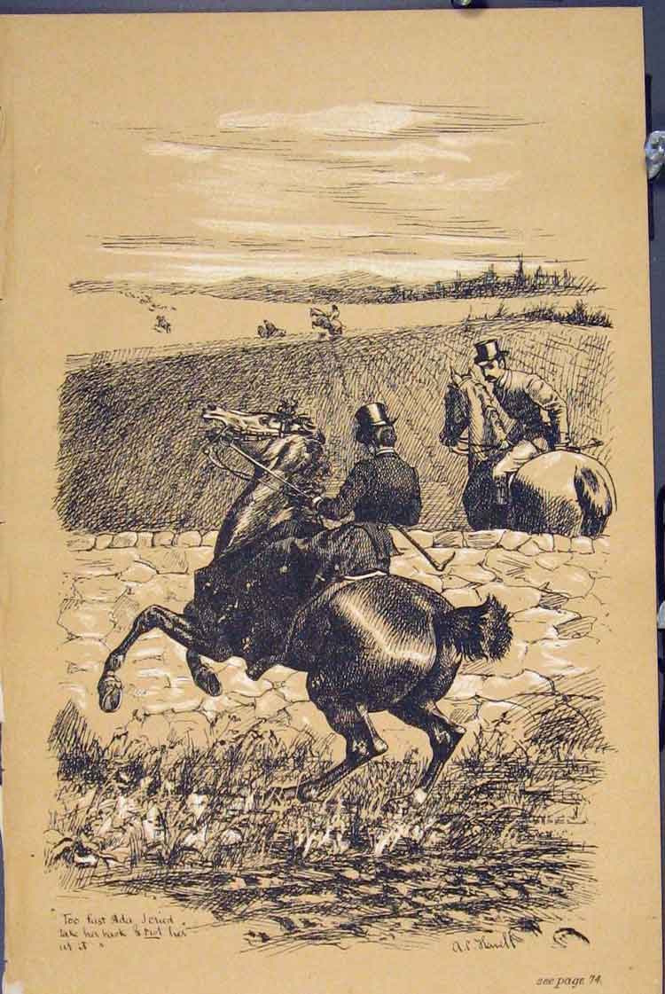 Original Old Antique Print Fox Hunting C1881 Horses Refusing Jumping Wall 19th