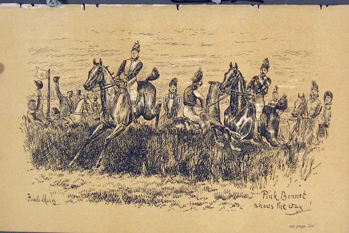 Original Old Antique Print Horses Jumping Hedge C1881 Pink Bonnet 19th