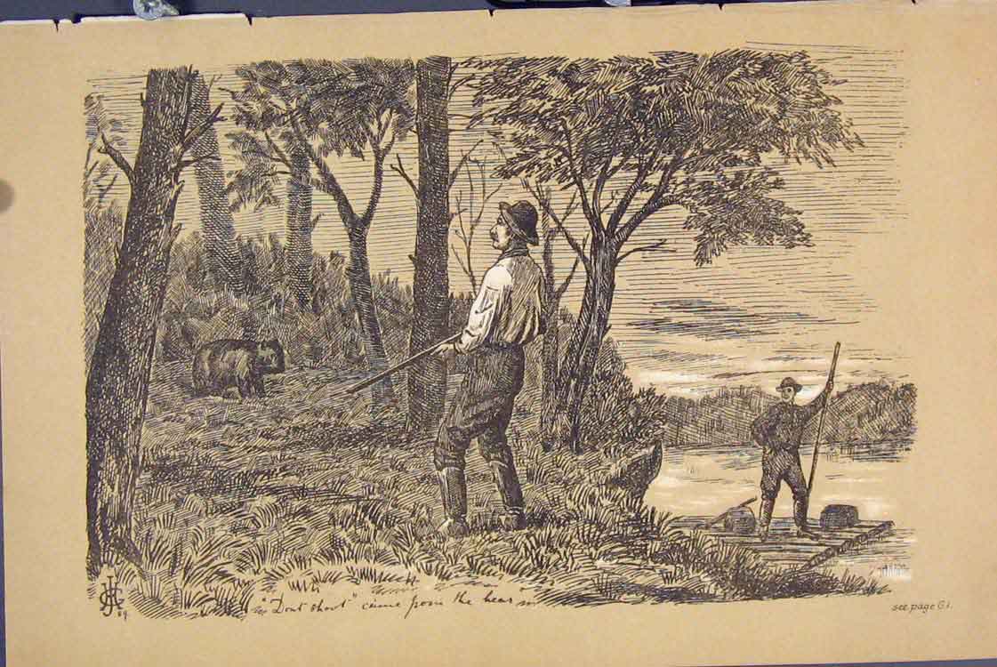 Original Old Antique Print Hunting C1881 Man Gun Boat Country River Sepia 19th