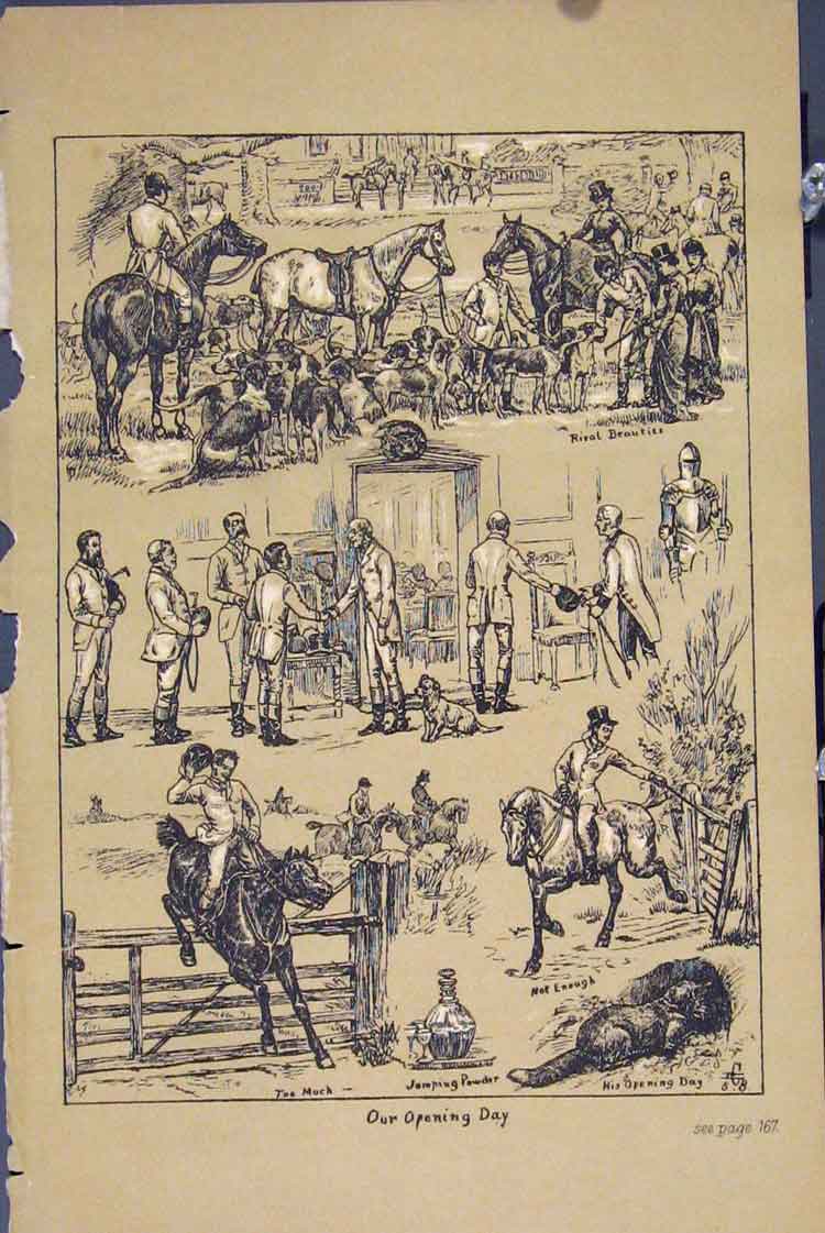 Original Old Antique Print Horses Fox Hunting C1881 Jumping Fence Hounds Sepia