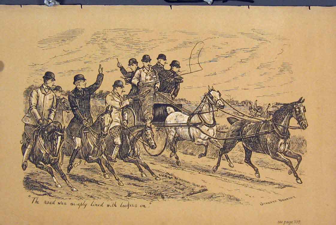 Original Old Antique Print Horses Coach Racing Country Scene C1881 Sepia 19th