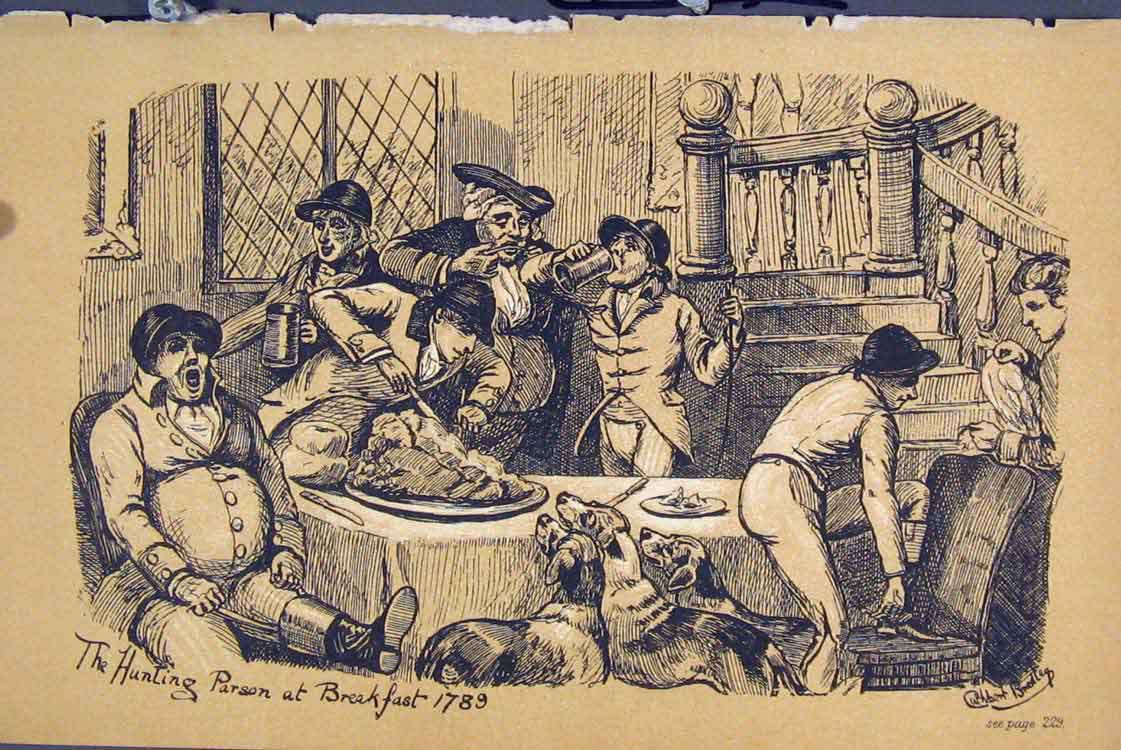 Original Old Antique Print Hunting Parson Breakfast C1881 Dogs Men Sepia 19th